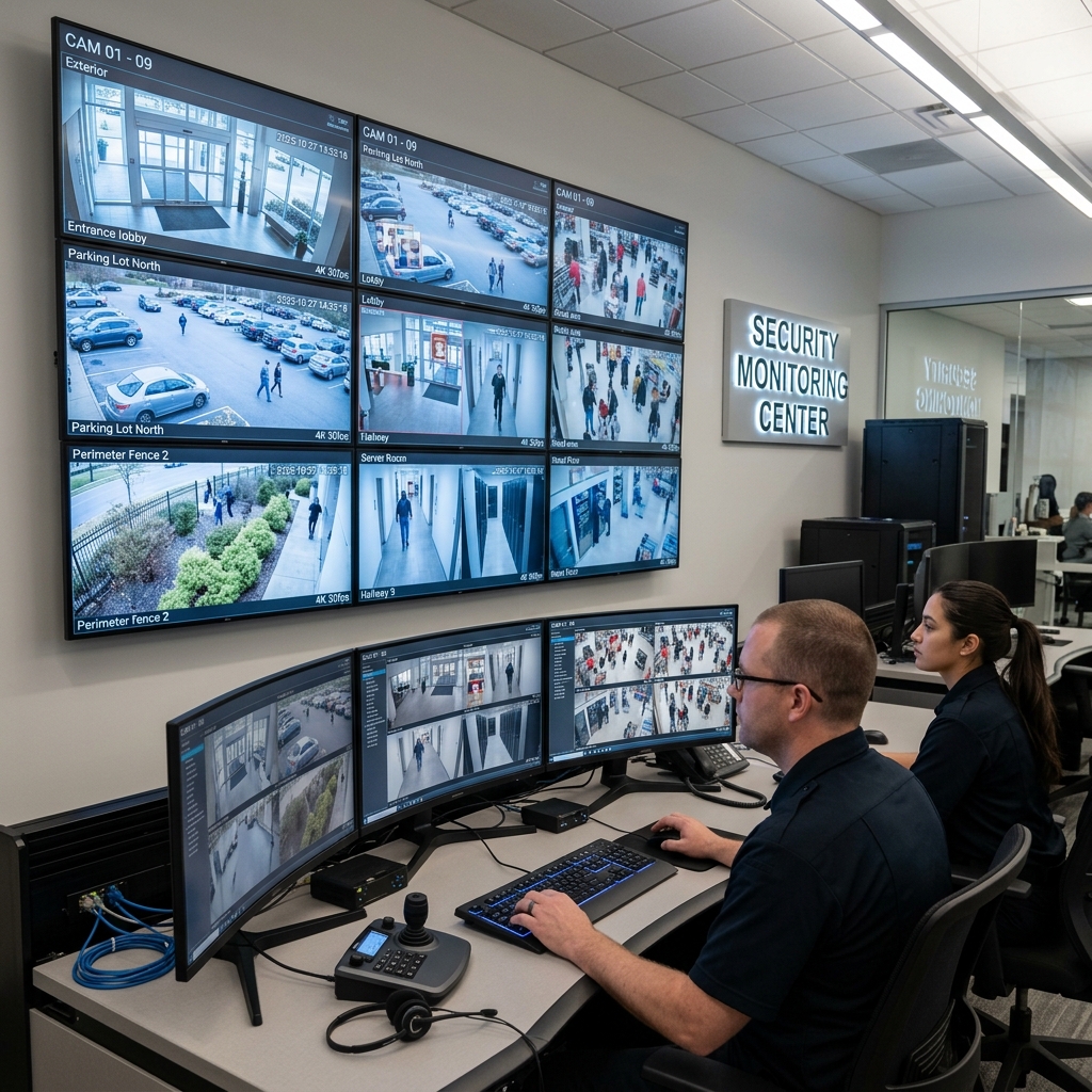 Security monitoring center displaying live CCTV camera feeds