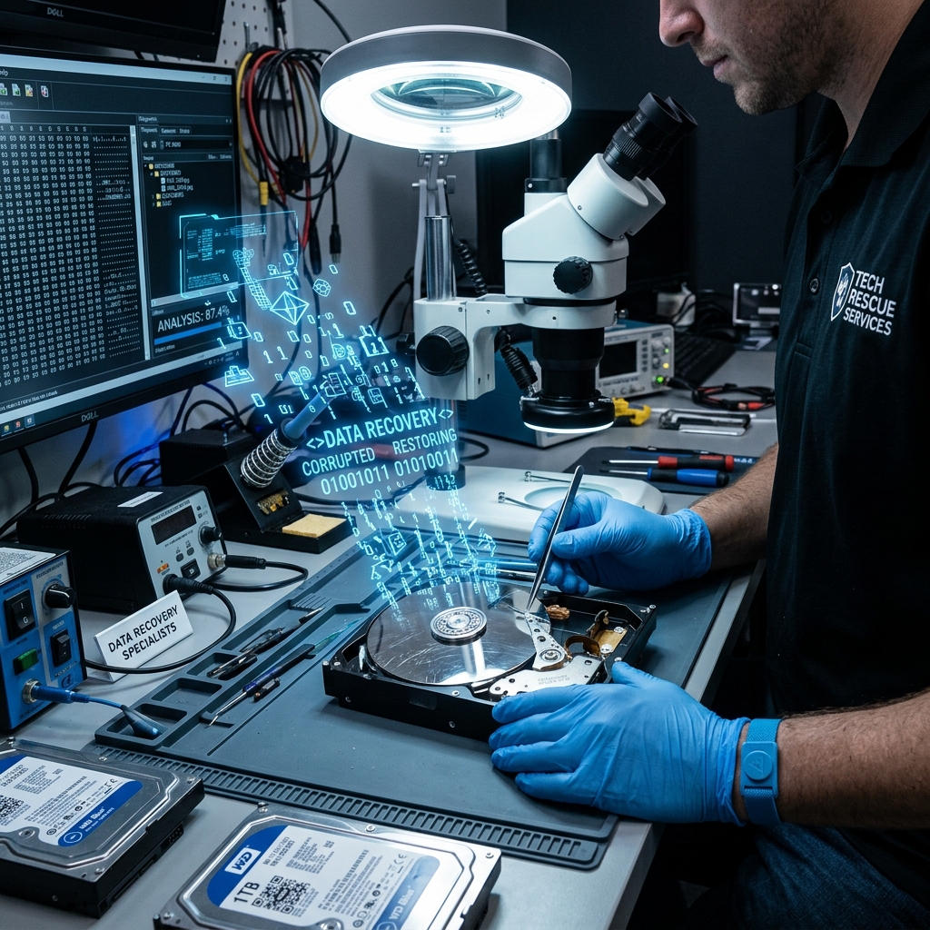 Technician recovering lost CCTV footage from a failed DVR hard drive
